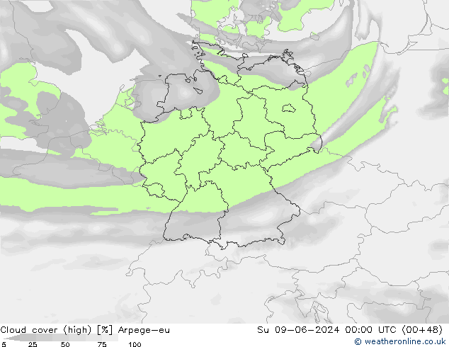 Cloud cover (high) Arpege-eu Su 09.06.2024 00 UTC