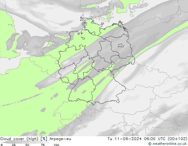 Cloud cover (high) Arpege-eu Tu 11.06.2024 06 UTC