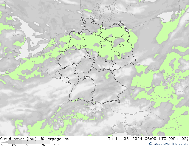 Cloud cover (low) Arpege-eu Tu 11.06.2024 06 UTC