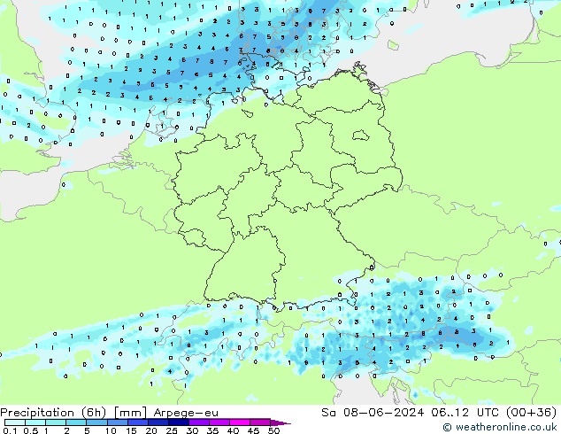 Précipitation (6h) Arpege-eu sam 08.06.2024 12 UTC