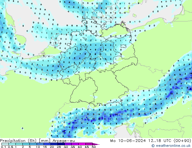 Precipitation (6h) Arpege-eu Mo 10.06.2024 18 UTC