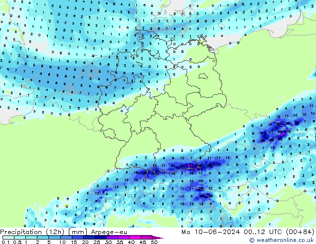 Precipitation (12h) Arpege-eu Po 10.06.2024 12 UTC