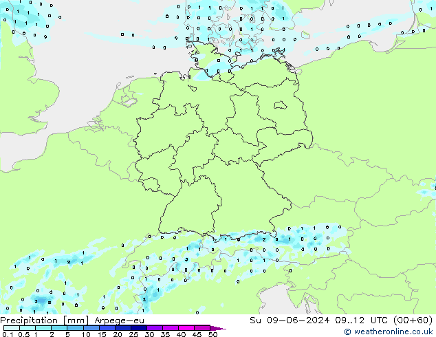 Precipitazione Arpege-eu dom 09.06.2024 12 UTC