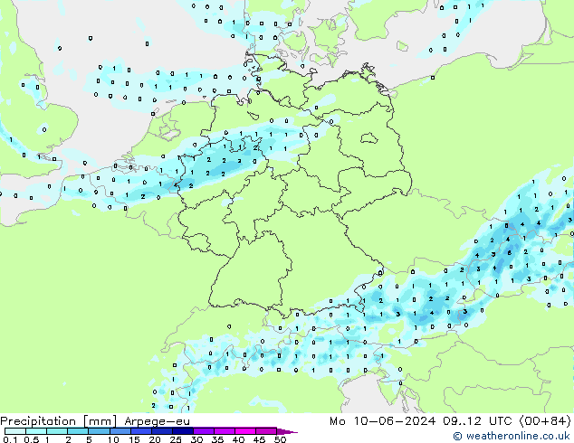 Niederschlag Arpege-eu Mo 10.06.2024 12 UTC