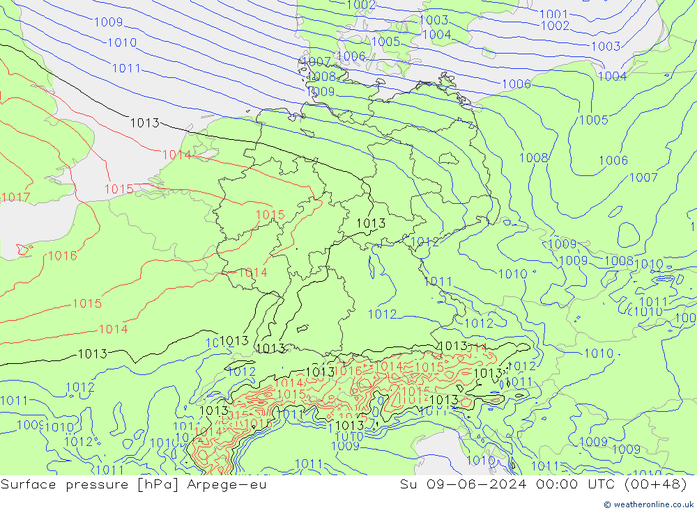 Surface pressure Arpege-eu Su 09.06.2024 00 UTC