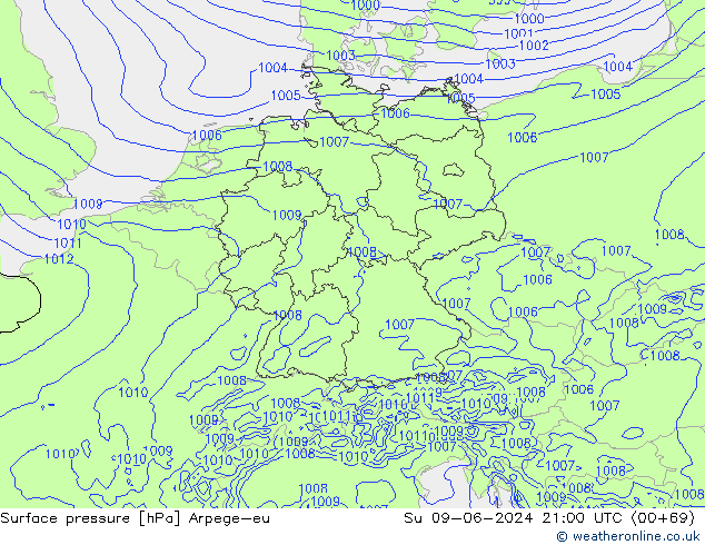 Atmosférický tlak Arpege-eu Ne 09.06.2024 21 UTC