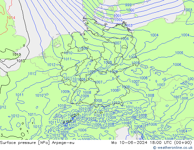 Surface pressure Arpege-eu Mo 10.06.2024 18 UTC