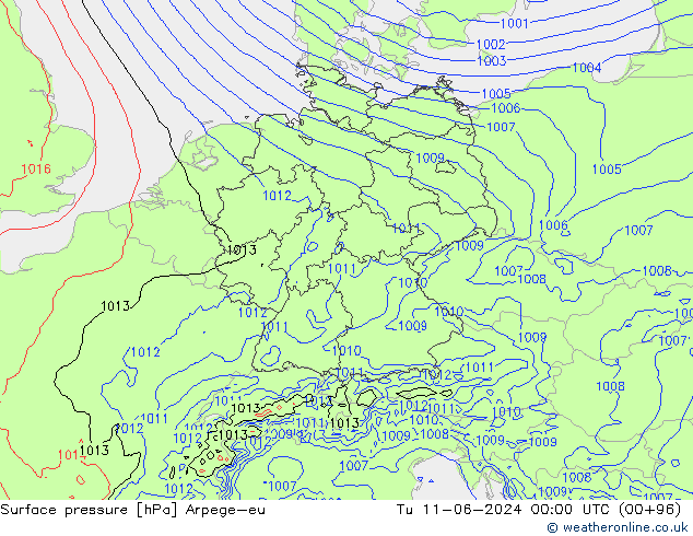 Surface pressure Arpege-eu Tu 11.06.2024 00 UTC