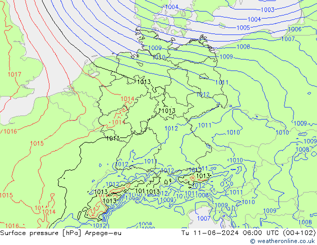 Surface pressure Arpege-eu Tu 11.06.2024 06 UTC