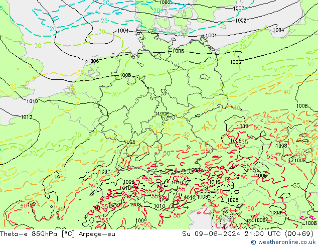 Theta-e 850hPa Arpege-eu Dom 09.06.2024 21 UTC