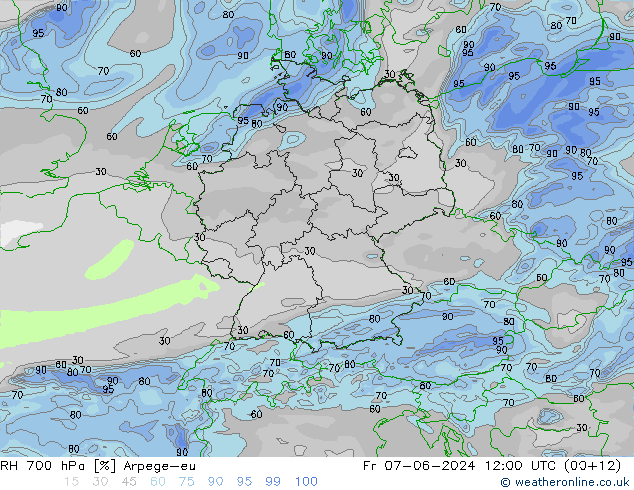 RH 700 hPa Arpege-eu Fr 07.06.2024 12 UTC