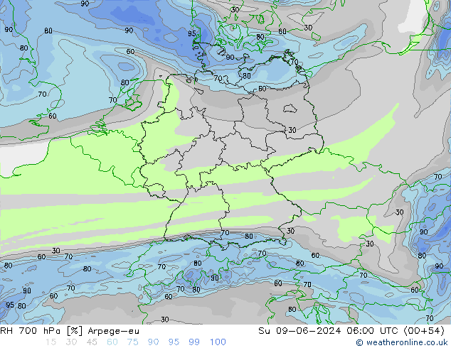 RH 700 hPa Arpege-eu Dom 09.06.2024 06 UTC