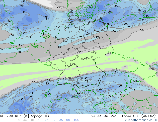 RH 700 hPa Arpege-eu Su 09.06.2024 15 UTC