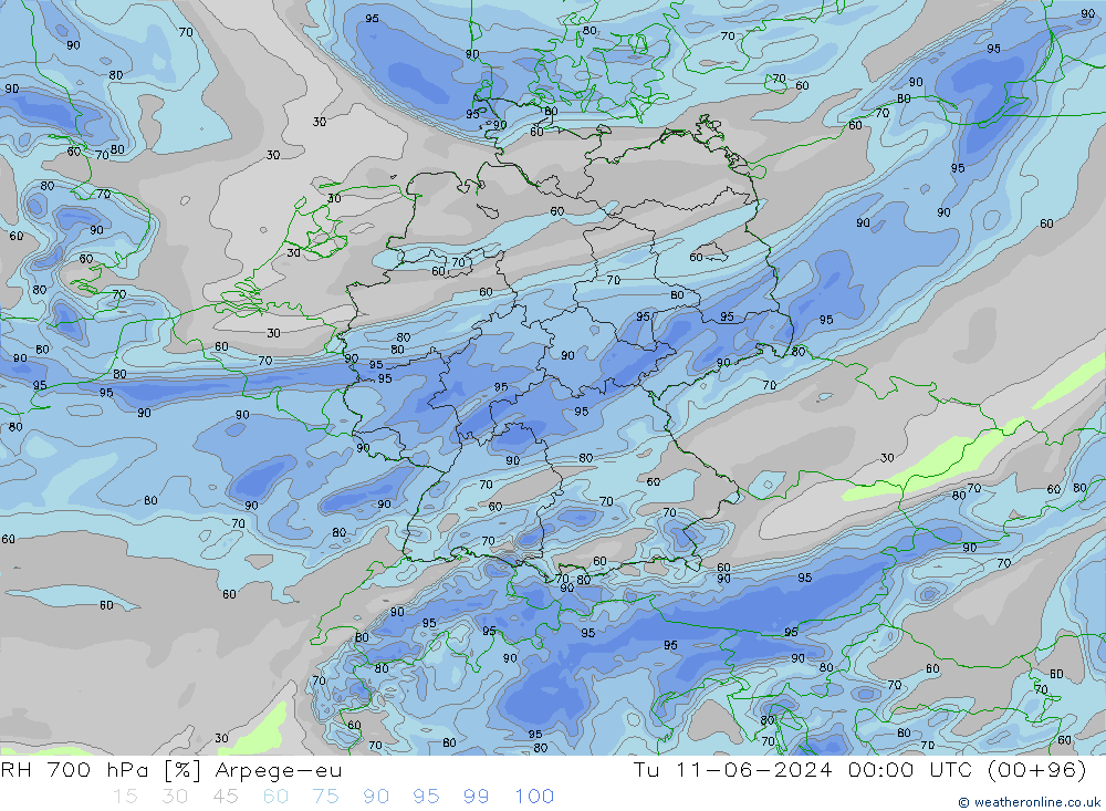 RH 700 hPa Arpege-eu mar 11.06.2024 00 UTC