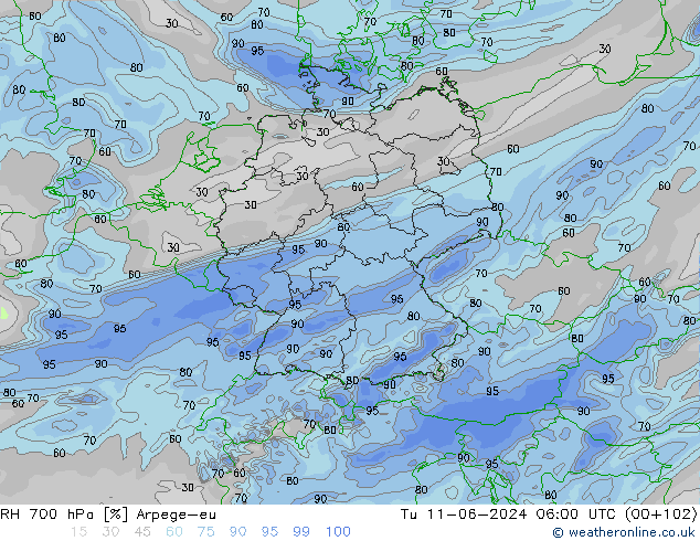 Humidité rel. 700 hPa Arpege-eu mar 11.06.2024 06 UTC