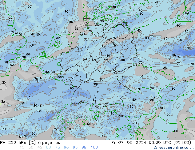 RH 850 hPa Arpege-eu Pá 07.06.2024 03 UTC