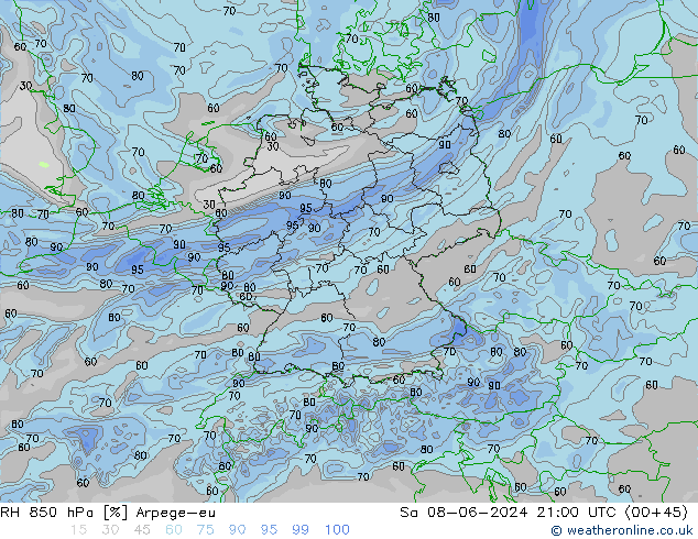 RH 850 hPa Arpege-eu sab 08.06.2024 21 UTC