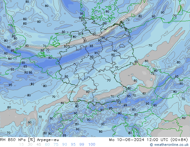 Humidité rel. 850 hPa Arpege-eu lun 10.06.2024 12 UTC