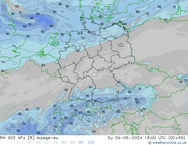 Humidité rel. 925 hPa Arpege-eu dim 09.06.2024 18 UTC