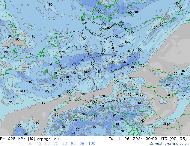 RH 925 hPa Arpege-eu Tu 11.06.2024 00 UTC