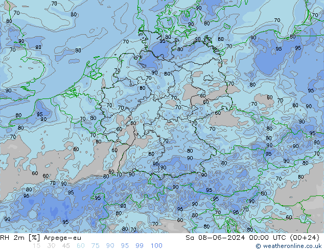 RH 2m Arpege-eu Sa 08.06.2024 00 UTC