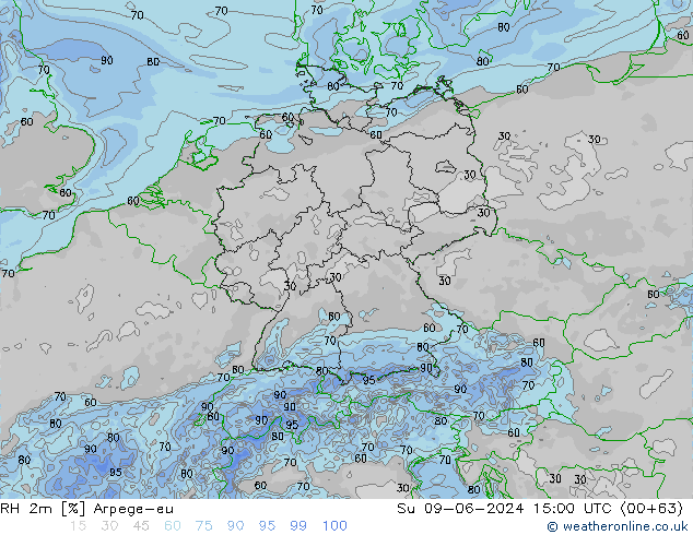 RH 2m Arpege-eu Su 09.06.2024 15 UTC