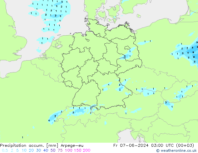 Totale neerslag Arpege-eu vr 07.06.2024 03 UTC