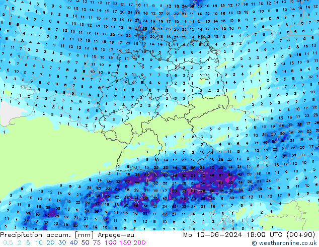 Precipitation accum. Arpege-eu Po 10.06.2024 18 UTC