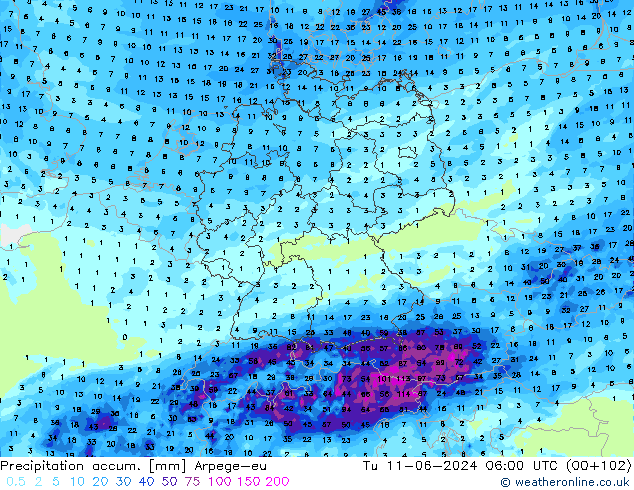 Precipitation accum. Arpege-eu Tu 11.06.2024 06 UTC