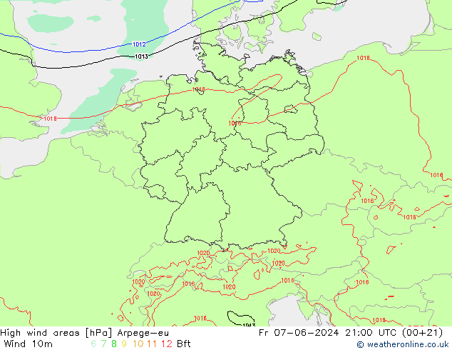High wind areas Arpege-eu ven 07.06.2024 21 UTC