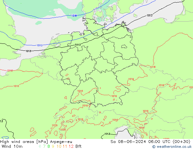 High wind areas Arpege-eu Sa 08.06.2024 06 UTC