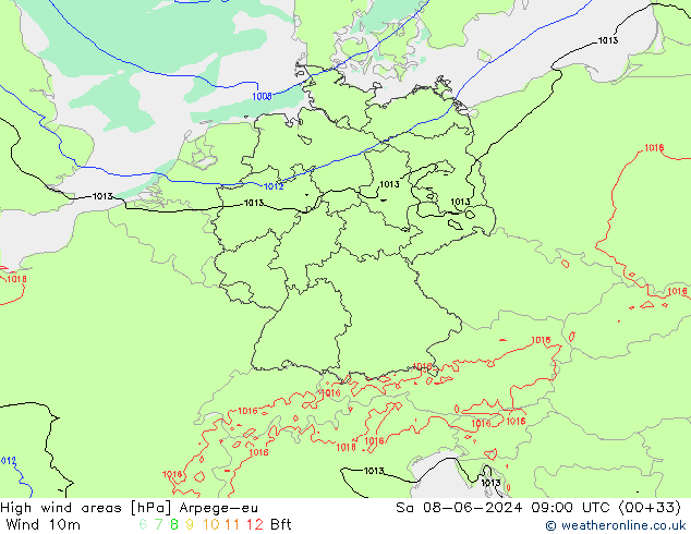 Windvelden Arpege-eu za 08.06.2024 09 UTC