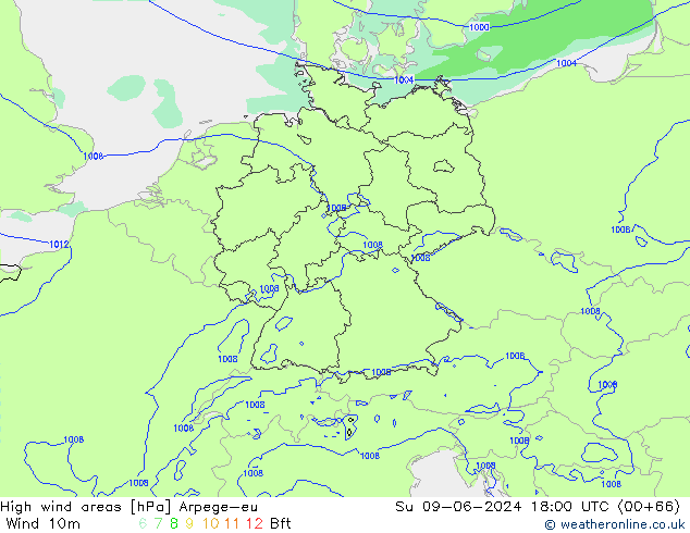 High wind areas Arpege-eu  09.06.2024 18 UTC