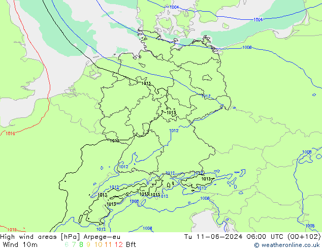 High wind areas Arpege-eu  11.06.2024 06 UTC