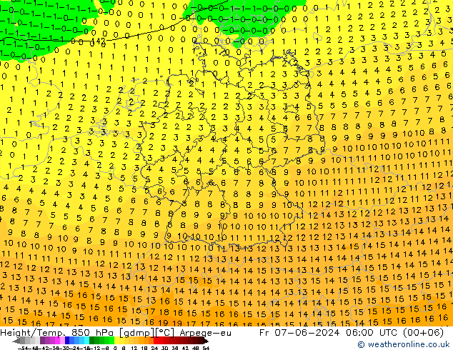 Géop./Temp. 850 hPa Arpege-eu ven 07.06.2024 06 UTC