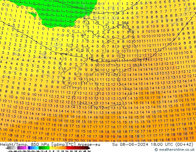 Height/Temp. 850 hPa Arpege-eu Sa 08.06.2024 18 UTC