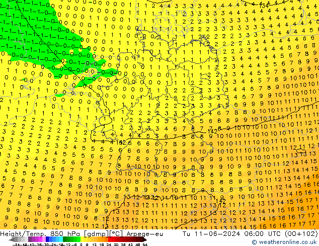 Height/Temp. 850 hPa Arpege-eu Tu 11.06.2024 06 UTC