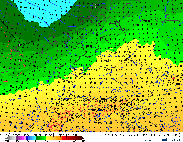 SLP/Temp. 850 hPa Arpege-eu  08.06.2024 15 UTC