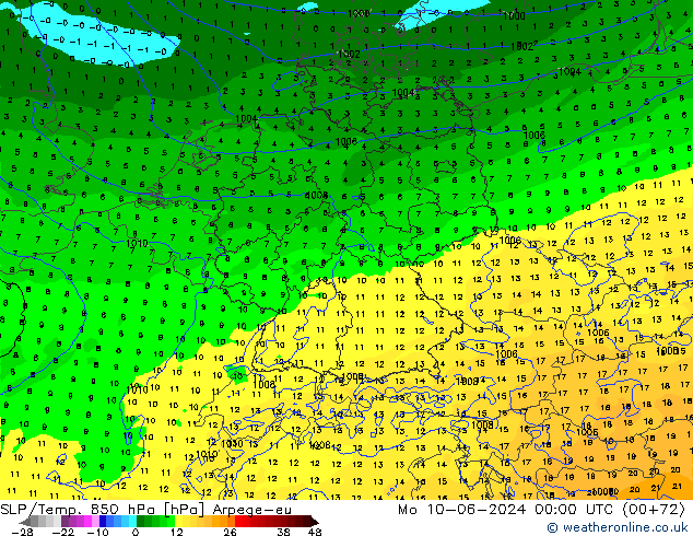 850 hPa Yer Bas./Sıc Arpege-eu Pzt 10.06.2024 00 UTC