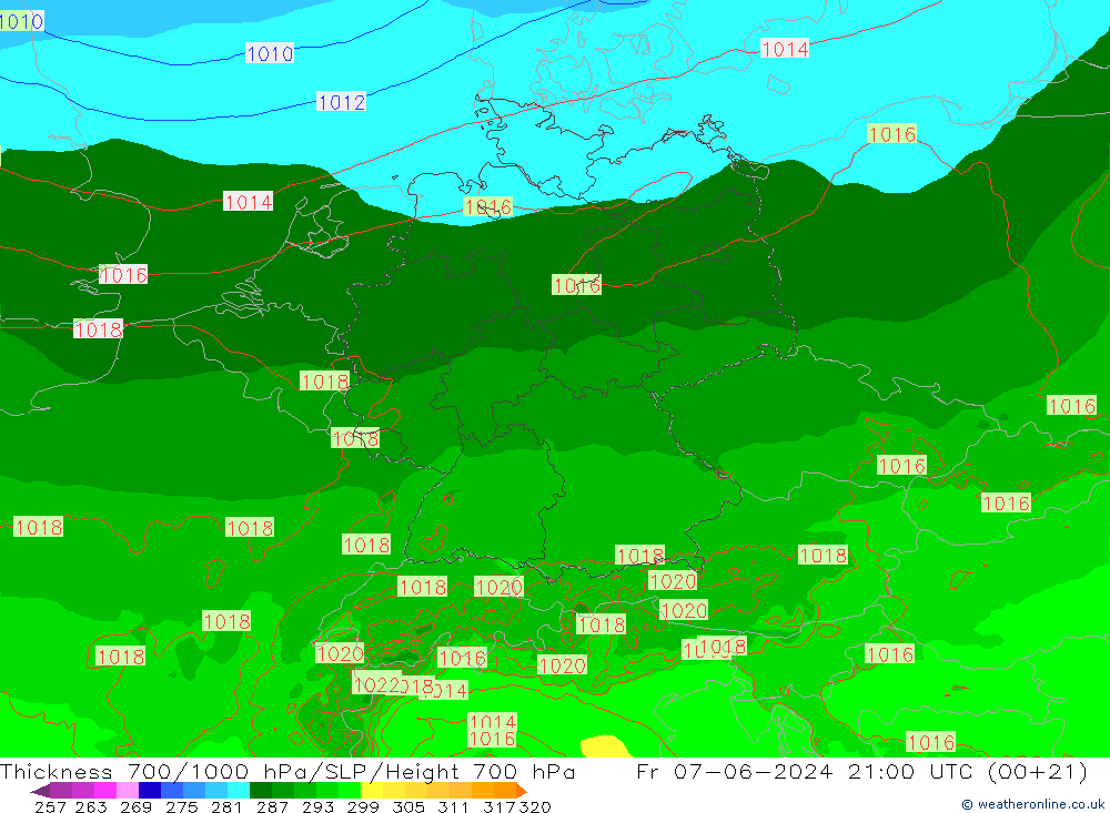 Thck 700-1000 гПа Arpege-eu пт 07.06.2024 21 UTC