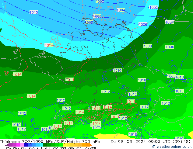 Thck 700-1000 гПа Arpege-eu Вс 09.06.2024 00 UTC