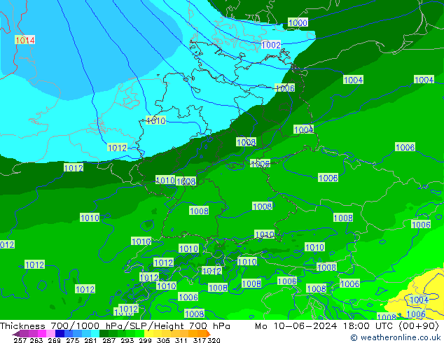 Thck 700-1000 hPa Arpege-eu Mo 10.06.2024 18 UTC