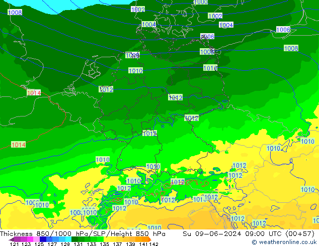 Thck 850-1000 hPa Arpege-eu Su 09.06.2024 09 UTC