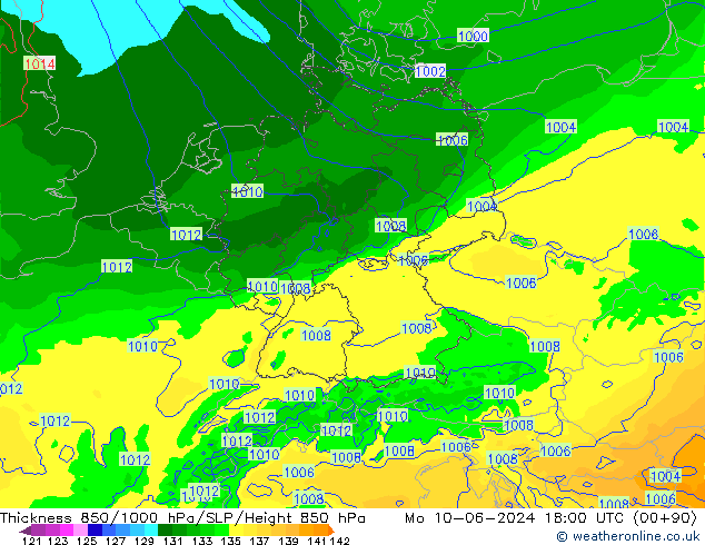 Thck 850-1000 hPa Arpege-eu pon. 10.06.2024 18 UTC