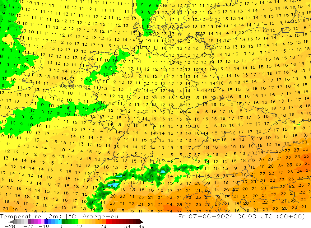 温度图 Arpege-eu 星期五 07.06.2024 06 UTC
