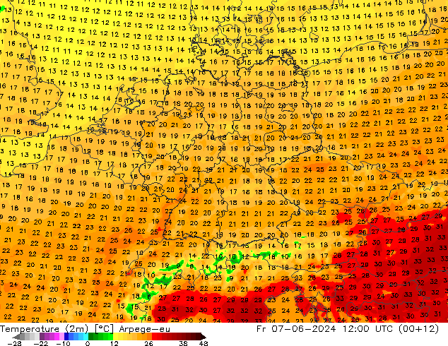 Temperaturkarte (2m) Arpege-eu Fr 07.06.2024 12 UTC