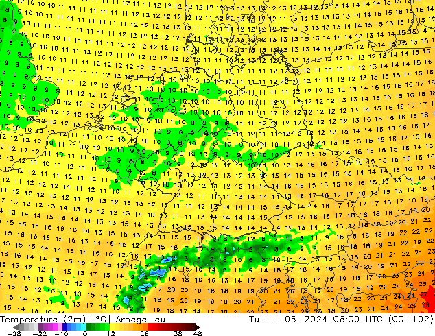 Temperature (2m) Arpege-eu Tu 11.06.2024 06 UTC