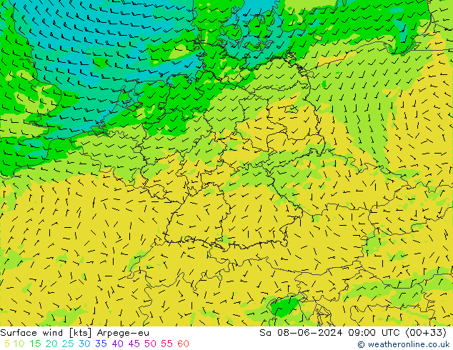 Wind 10 m Arpege-eu za 08.06.2024 09 UTC