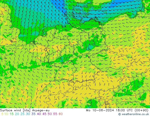 Surface wind Arpege-eu Mo 10.06.2024 18 UTC