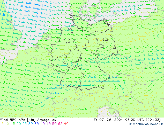 Rüzgar 850 hPa Arpege-eu Cu 07.06.2024 03 UTC